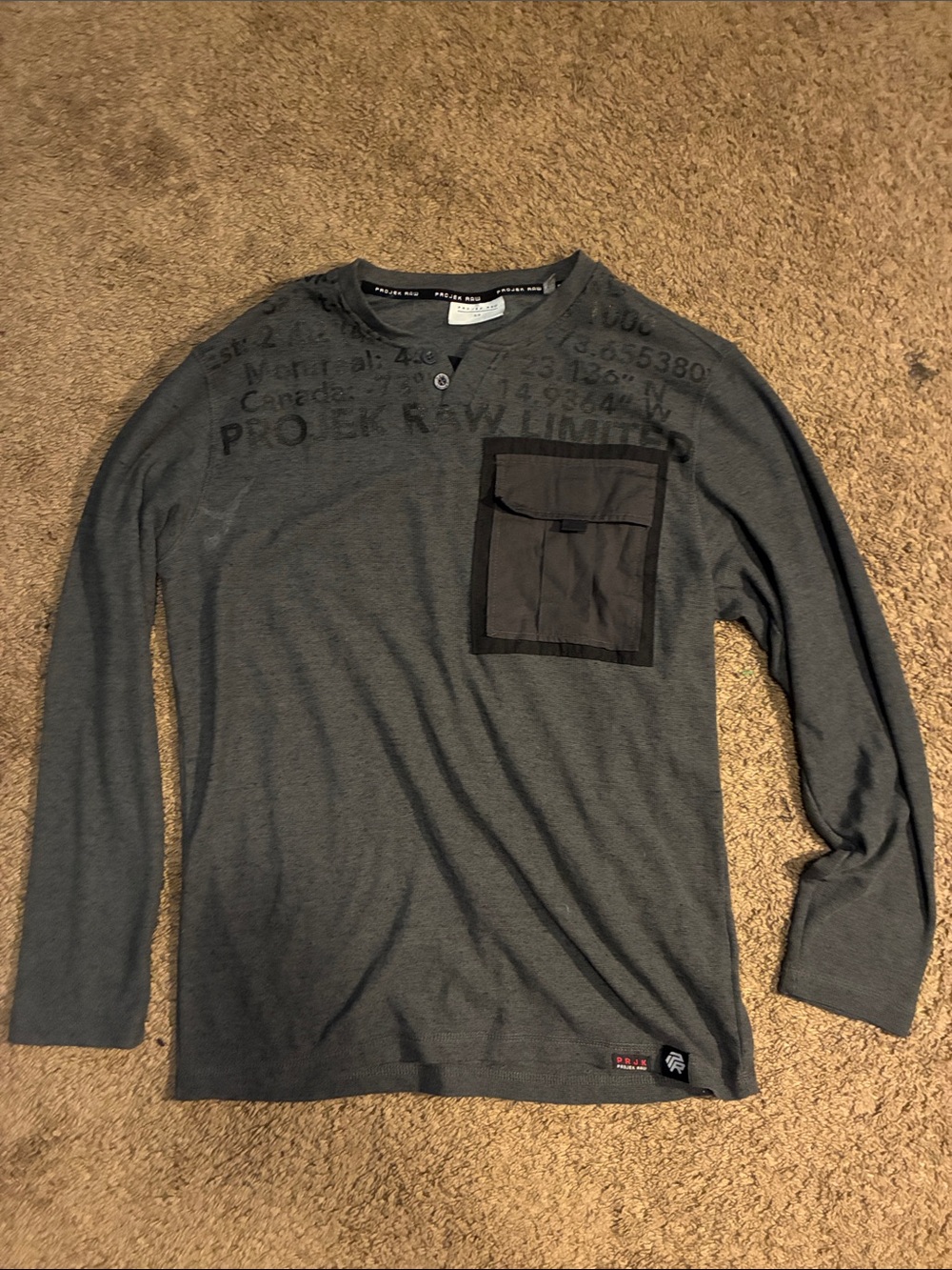 Men's Gray Long-Sleeve Henley with Utility Chest Pocket